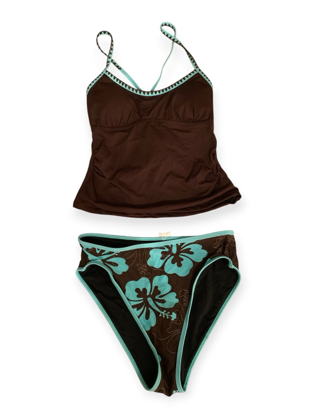Cupshe Brown & Aqua CrissCross back Floral Two-Piece Tankini Bikini